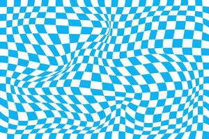 psychedelic mönster med skev blå och vit rutor. förvrängd schack styrelse bakgrund. rutig visuell illusion. trippy checkerboard yta. vektor