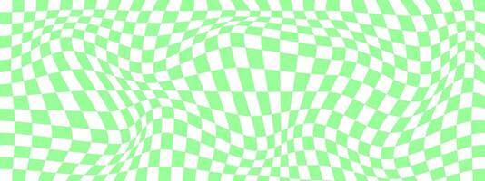 verzerrt kariert Muster mit Grün und Weiß Quadrate. psychedelisch Schachbrett Hintergrund. seltsam optisch Illusion. trippy Schachbrett Textur. vektor