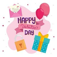 Happy Valentinstag Karte mit Geschenkbox und Dekoration vektor