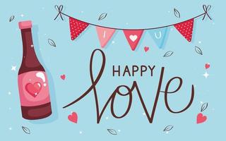 Happy Valentinstag Karte mit Flaschenwein und Dekoration vektor