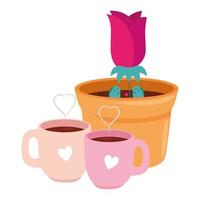 Tassen Kaffee mit Rosenblüte in Topfpflanze isolierte Symbol vektor
