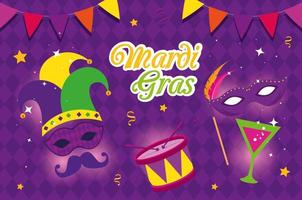 mardi gras mask trumma och cocktail vektor design