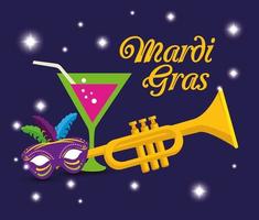 mardi gras trumpet cocktail och mask vektor design