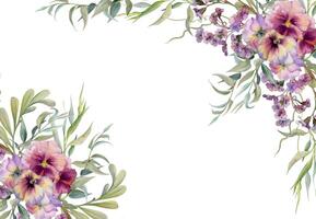 Hand gezeichnet Aquarell Illustration botanisch Blumen Blätter. mauve Stiefmütterchen Viola, Heuschrecke Indigo Zweig, Weide Eukalyptus, Bergenia Heliotrop Lungenkraut, Ranken. Rahmen isoliert Weiß. Hochzeit, Karten vektor