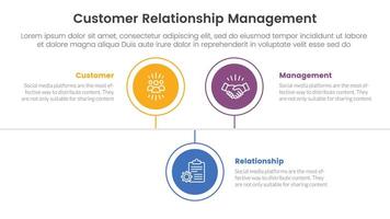 crm Kunde Beziehung Verwaltung Infografik 3 Punkt Bühne Vorlage mit Kreis Zeitleiste richtig Richtung oben und Nieder zum rutschen Präsentation vektor