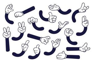 uppsättning av årgång retro tecknad serie händer som visar annorlunda gester. hand dragen illustration vektor