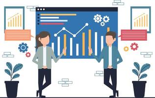 Geschäft Menschen Arbeiten zum Daten Analytik und Überwachung auf Netz Bericht und Geschäft Finanzen Investition Design Konzept vektor