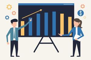 eben Design Illustration Konzept von Geschäft Analyse und Planung. Geschäftsmann und Geschäftsfrau Stehen in der Nähe von Präsentation Tafel vektor