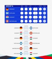 europäisch Fußball Wettbewerb 2024, Gruppe ein Spiel Zeitplan, alle Streichhölzer von Gruppe. Flaggen von Deutschland, Schottland, Ungarn, Schweiz. vektor