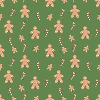 Weihnachten nahtlos Muster mit Lebkuchen Mann und Süßigkeiten Stock, mit veränderbar Hintergrund Farbe. eben Illustration zum drucken und Design vektor