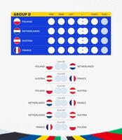 europäisch Fußball Wettbewerb 2024, Gruppe d Spiel Zeitplan, alle Streichhölzer von Gruppe. Flaggen von Polen, Niederlande, Österreich, Frankreich. vektor