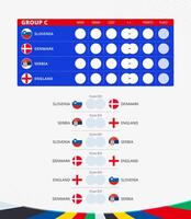 europäisch Fußball Wettbewerb 2024, Gruppe c Spiel Zeitplan, alle Streichhölzer von Gruppe. Flaggen von Slowenien, Dänemark, Serbien, England. vektor
