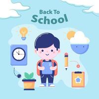 affisch Välkommen tillbaka till skola med söt pojke tecknad serie vektor