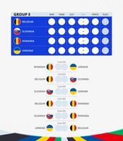 europäisch Fußball Wettbewerb 2024, Gruppe e Spiel Zeitplan, alle Streichhölzer von Gruppe. Flaggen von Belgien, Slowakei, Rumänien, Ukraine. vektor