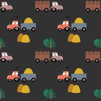 Bauernhof Transport nahtlos Muster Landschaft Hintergrund mit Traktoren. Hand gezeichnet Design zum drucken, Hintergrund, Kinder Kleidung, Mode. vektor