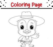 liten Anka bär cowboy kostym färg sida för ungar. svart och vit illustration för färg bok vektor