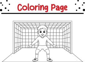 Junge spielen Fußball wie Torwart Färbung Buch Seite zum Kinder. vektor