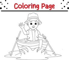 Junge winken hölzern Boot Färbung Seite zum Kinder und Erwachsene vektor