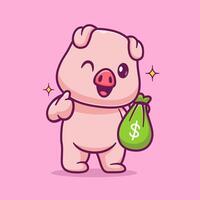 söt gris innehav pengar väska med tumme upp tecknad serie vektor