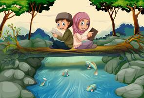 Två muslimska barn läser böcker i skogen vektor