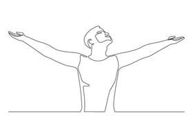 Lycklig man höjning händer i ett övning av koppla av och andas, ett linje kontinuerlig teckning. person stretching vapen som symbol av frihet och öppenhet till fred. illustration vektor