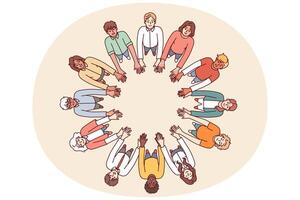 freundlich Menschen Stand im Kreis halt Hände zum Zusammenarbeit und Zusammenarbeit, oben Aussicht vektor