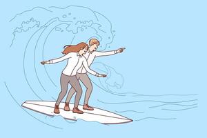 företag partners ta risker till uppnå Framgång förbi ridning surfingbrädor på hav vågor vektor