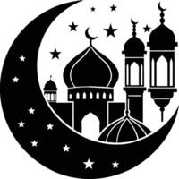 ein schwarz und Weiß Silhouette von ein Moschee mit ein Halbmond Mond vektor