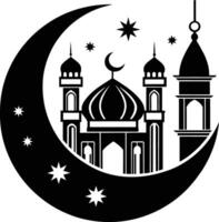 ein schwarz und Weiß Silhouette von ein Moschee mit ein Halbmond Mond vektor