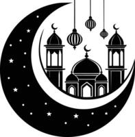 schwarz Silhouette von ein islamisch Moschee und Halbmond mit Laternen vektor