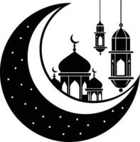 schwarz Silhouette von ein islamisch Moschee und Halbmond mit Laternen vektor