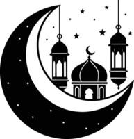 schwarz Silhouette von ein islamisch Moschee und Halbmond mit Laternen vektor