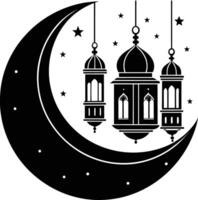 schwarz Silhouette von ein islamisch Moschee und Halbmond mit Laternen vektor