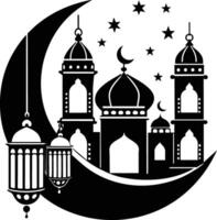 ein schwarz und Weiß Silhouette von ein Moschee mit ein Halbmond Mond vektor