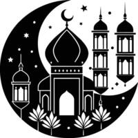 ein schwarz und Weiß Silhouette von ein Moschee mit ein Halbmond Mond vektor
