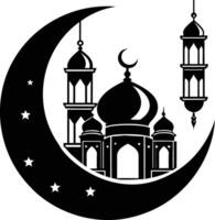 ein schwarz und Weiß Silhouette von ein Moschee mit ein Halbmond Mond vektor