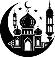 ein schwarz und Weiß Silhouette von ein Moschee mit ein Halbmond Mond vektor