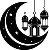 schwarz Silhouette von ein islamisch Moschee und Halbmond mit Laternen vektor