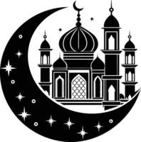 ein schwarz und Weiß Silhouette von ein Moschee mit ein Halbmond Mond vektor