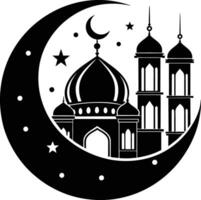 ein schwarz und Weiß Silhouette von ein Moschee mit ein Halbmond Mond vektor