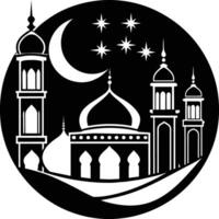 ein schwarz und Weiß Silhouette von ein Moschee mit ein Halbmond Mond vektor