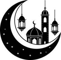 schwarz Silhouette von ein islamisch Moschee und Halbmond mit Laternen vektor