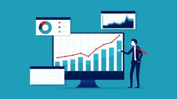 Geschäftsmann mit Graph Diagramm auf Monitor, Geschäft Konzept, eben Design, Illustration vektor