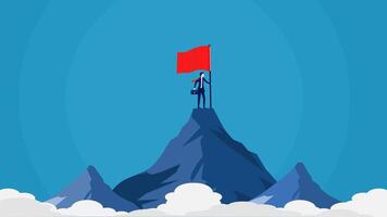 Geschäftsmann Stehen auf oben von Berg mit rot Flagge vektor
