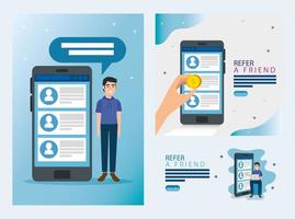ställ in affisch för hänvisa en vän med ikoner vektor