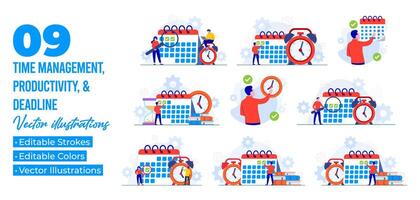 uppsättning av platt illustrationer av företag tid förvaltning, projekt förvaltning, produktivitet, tid planera, examen deadline, planerare vektor