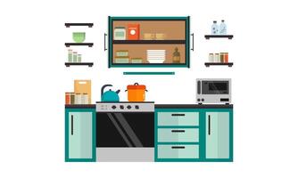 Hem köksutrustning, mat och enheter i Färg platt illustration vektor