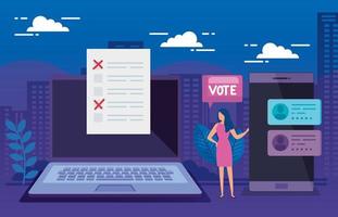 Geschäftsfrau mit Laptop und Smartphone zur Abstimmung vektor