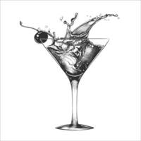 graverat stil illustration för affischer, dekoration och skriva ut. hand dragen skiss av cocktail med stänk, svartvit isolerat på vit bakgrund. detaljerad årgång träsnitt stil vektor