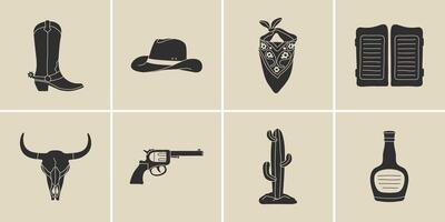 wild Westen Elemente im modern Stil Wohnung, Linie Stil. Hand gezeichnet Illustration Cowboy Stiefel, Hut, Saloon Türen, Bandana, Stier Schädel, Revolver, Kaktus, Rum Flasche. Cowboy Patch, Abzeichen, Emblem. vektor